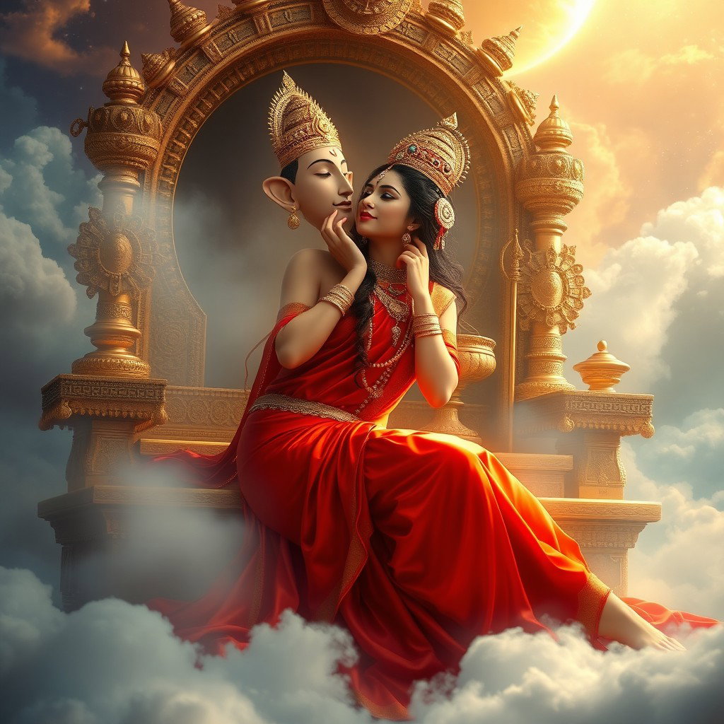 A stunning scene in a celestial realm depicting a radiant Hindu apsara with glowing skin, draped in a lustrous red saree