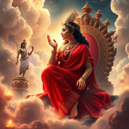 A stunning scene in a celestial realm depicting a radiant Hindu apsara with glowing skin, draped in a lustrous red saree