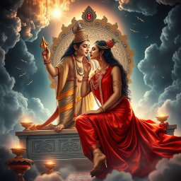 A stunning scene in a celestial realm depicting a radiant Hindu apsara with glowing skin, draped in a lustrous red saree