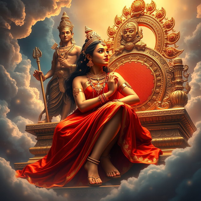 A stunning scene in a celestial realm depicting a radiant Hindu apsara with glowing skin, draped in a lustrous red saree