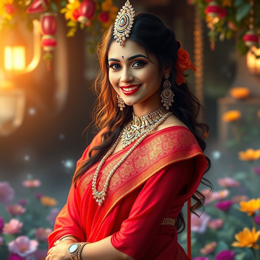 A captivating scene set in swarglok, featuring a beautiful Hindu devi elegantly dressed in a vibrant red saree