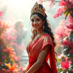 A captivating scene set in swarglok, featuring a beautiful Hindu devi elegantly dressed in a vibrant red saree