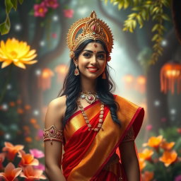A captivating scene set in swarglok, featuring a beautiful Hindu devi elegantly dressed in a vibrant red saree