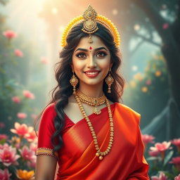 A captivating scene set in swarglok, featuring a beautiful Hindu devi elegantly dressed in a vibrant red saree