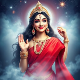 A beautiful divine Hindu goddess (devi) showcasing a stunning smile in a vibrant red saree
