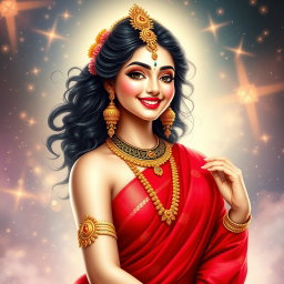 A beautiful divine Hindu goddess (devi) showcasing a stunning smile in a vibrant red saree