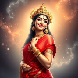 A beautiful divine Hindu goddess (devi) showcasing a stunning smile in a vibrant red saree