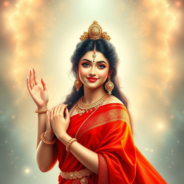 A beautiful divine Hindu goddess (devi) showcasing a stunning smile in a vibrant red saree
