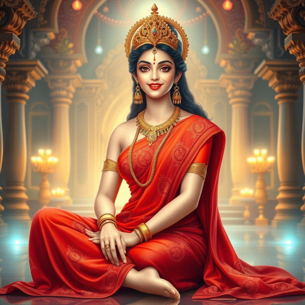 A beautiful divine Hindu goddess (devi) with a stunning smile, sitting elegantly in a magnificent divine palace within swarglok