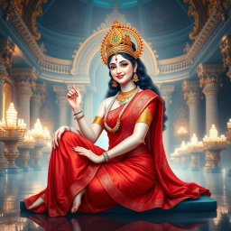 A beautiful divine Hindu goddess (devi) with a stunning smile, sitting elegantly in a magnificent divine palace within swarglok