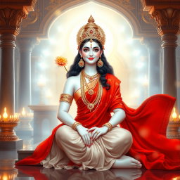 A beautiful divine Hindu goddess (devi) with a stunning smile, sitting elegantly in a magnificent divine palace within swarglok