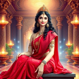 A beautiful divine Hindu goddess (devi) with a stunning smile, sitting elegantly in a magnificent divine palace within swarglok