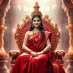 A beautiful divine Hindu goddess (devi) with a radiant milk glow complexion, smiling alluringly while seated on a majestic divine throne within a magnificent palace in swarglok