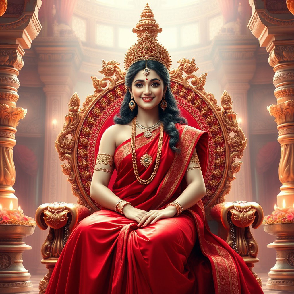 A beautiful divine Hindu goddess (devi) with a radiant milk glow complexion, smiling alluringly while seated on a majestic divine throne within a magnificent palace in swarglok