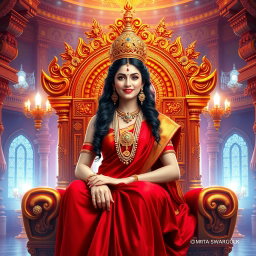 A beautiful divine Hindu goddess (devi) with a radiant milk glow complexion, smiling alluringly while seated on a majestic divine throne within a magnificent palace in swarglok