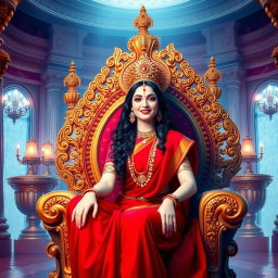 A beautiful divine Hindu goddess (devi) with a radiant milk glow complexion, smiling alluringly while seated on a majestic divine throne within a magnificent palace in swarglok