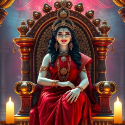 A beautiful divine Hindu goddess (devi) with a radiant milk glow complexion, smiling alluringly while seated on a majestic divine throne within a magnificent palace in swarglok