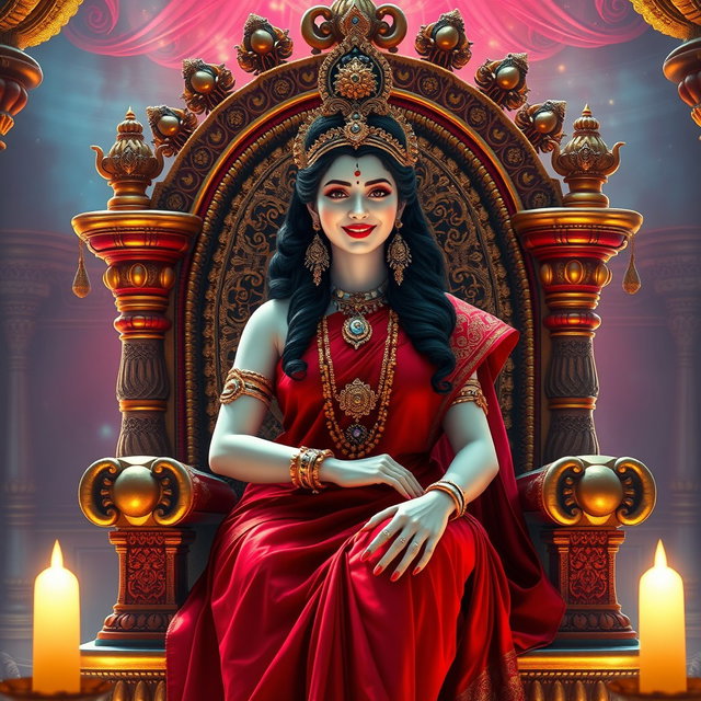 A beautiful divine Hindu goddess (devi) with a radiant milk glow complexion, smiling alluringly while seated on a majestic divine throne within a magnificent palace in swarglok