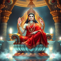 A beautiful divine Hindu goddess with glowing milk-like skin, wearing a vibrant red saree, seated gracefully on a magnificent throne within a celestial palace known as Swarglok