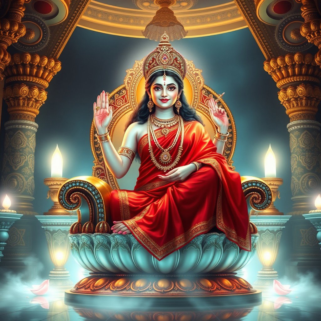 A beautiful divine Hindu goddess with glowing milk-like skin, wearing a vibrant red saree, seated gracefully on a magnificent throne within a celestial palace known as Swarglok