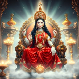 A beautiful divine Hindu goddess with glowing milk-like skin, wearing a vibrant red saree, seated gracefully on a magnificent throne within a celestial palace known as Swarglok