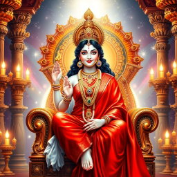 A beautiful divine Hindu goddess with glowing milk-like skin, wearing a vibrant red saree, seated gracefully on a magnificent throne within a celestial palace known as Swarglok
