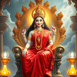 A beautiful divine Hindu goddess with glowing milk-like skin, wearing a vibrant red saree, seated gracefully on a magnificent throne within a celestial palace known as Swarglok