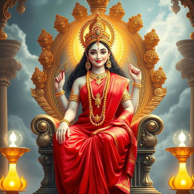 A beautiful divine Hindu goddess with glowing milk-like skin, wearing a vibrant red saree, seated gracefully on a magnificent throne within a celestial palace known as Swarglok