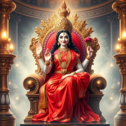 A beautiful divine Hindu goddess with glowing milk-like skin, dressed in a stunning red saree, seated gracefully on an ornate celestial throne in a magnificent palace known as Swarglok