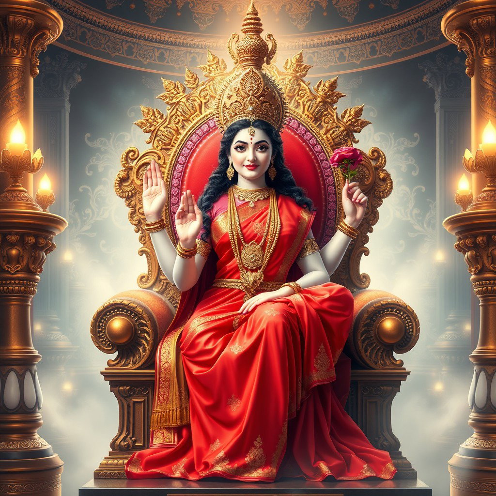 A beautiful divine Hindu goddess with glowing milk-like skin, dressed in a stunning red saree, seated gracefully on an ornate celestial throne in a magnificent palace known as Swarglok