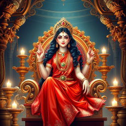 A beautiful divine Hindu goddess with glowing milk-like skin, dressed in a stunning red saree, seated gracefully on an ornate celestial throne in a magnificent palace known as Swarglok