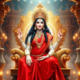 A beautiful divine Hindu goddess with glowing milk-like skin, dressed in a stunning red saree, seated gracefully on an ornate celestial throne in a magnificent palace known as Swarglok