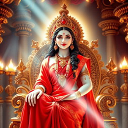 A beautiful divine Hindu goddess with glowing milk-like skin, dressed in a stunning red saree, seated gracefully on an ornate celestial throne in a magnificent palace known as Swarglok