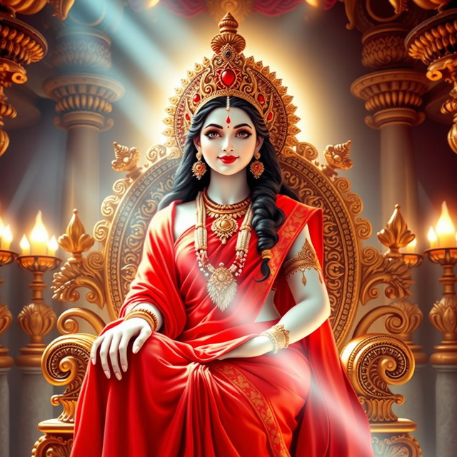 A beautiful divine Hindu goddess with glowing milk-like skin, dressed in a stunning red saree, seated gracefully on an ornate celestial throne in a magnificent palace known as Swarglok