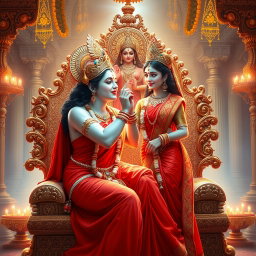 A beautiful divine Hindu goddess with milk-like glowing skin, adorned in a stunning red saree, seated gracefully on an ornate throne in a celestial palace of Swarglok