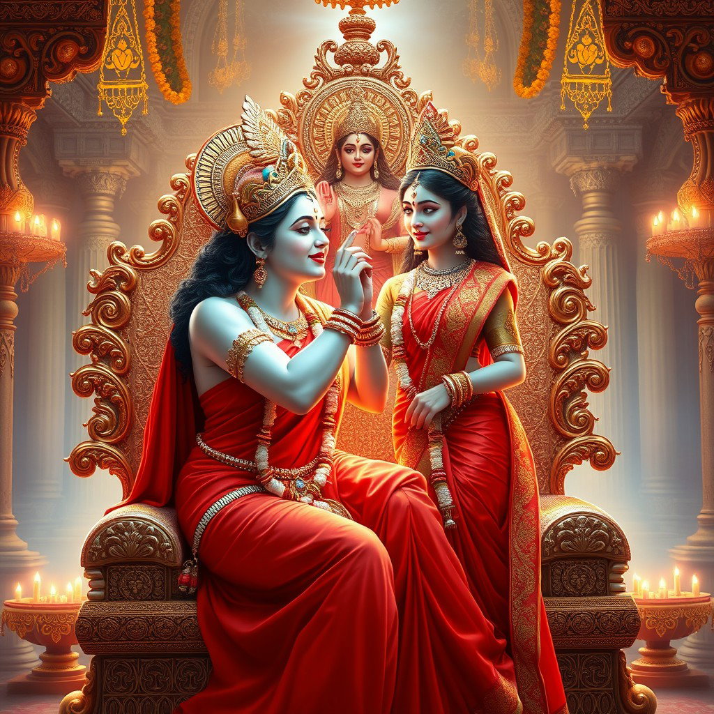 A beautiful divine Hindu goddess with milk-like glowing skin, adorned in a stunning red saree, seated gracefully on an ornate throne in a celestial palace of Swarglok