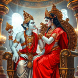 A beautiful divine Hindu goddess with milk-like glowing skin, adorned in a stunning red saree, seated gracefully on an ornate throne in a celestial palace of Swarglok