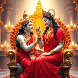 A beautiful divine Hindu goddess with milk-like glowing skin, adorned in a stunning red saree, seated gracefully on an ornate throne in a celestial palace of Swarglok
