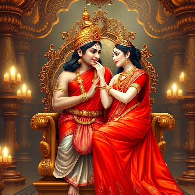 A beautiful divine Hindu goddess with milk-like glowing skin, adorned in a stunning red saree, seated gracefully on an ornate throne in a celestial palace of Swarglok