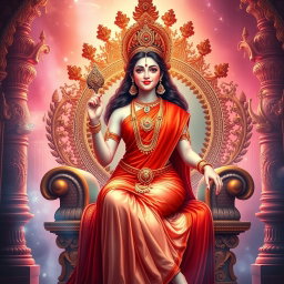 A beautiful divine figure representing a Hindu Devi, with a radiant glow on her milk-like skin, wearing an elegant red saree
