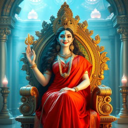 A beautiful divine figure representing a Hindu Devi, with a radiant glow on her milk-like skin, wearing an elegant red saree
