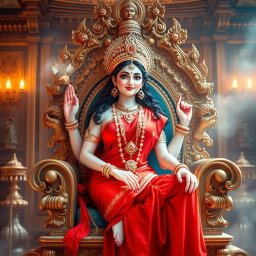 A beautiful divine figure representing a Hindu Devi, with a radiant glow on her milk-like skin, wearing an elegant red saree