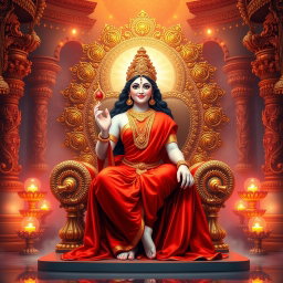 A beautiful divine figure representing a Hindu Devi, with a radiant glow on her milk-like skin, wearing an elegant red saree