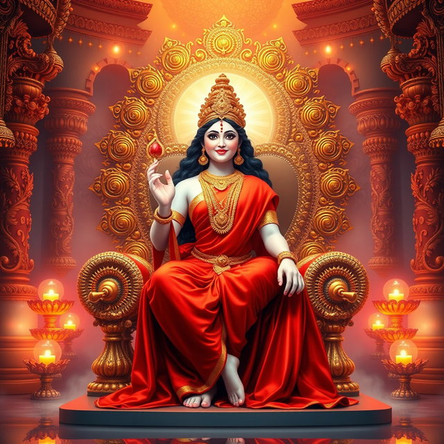 A beautiful divine figure representing a Hindu Devi, with a radiant glow on her milk-like skin, wearing an elegant red saree