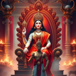 A beautiful divine figure representing a Hindu Devi, with a radiant glow on her milk-like skin, wearing an elegant red saree