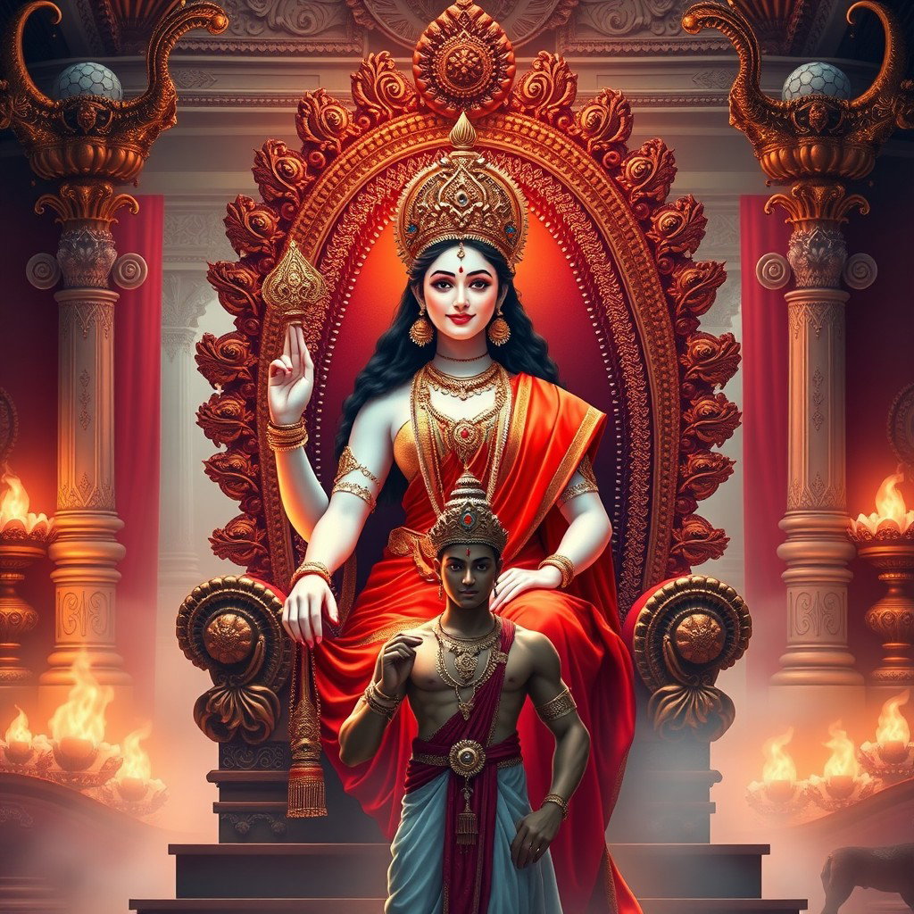 A beautiful divine figure representing a Hindu Devi, with a radiant glow on her milk-like skin, wearing an elegant red saree