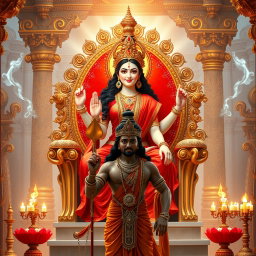 A beautiful divine figure representing a Hindu Devi, with a radiant glow on her milk-like skin, wearing an elegant red saree
