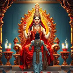 A beautiful divine figure representing a Hindu Devi, with a radiant glow on her milk-like skin, wearing an elegant red saree