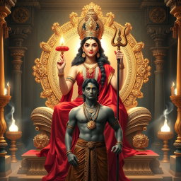 A beautiful divine figure representing a Hindu Devi, with a radiant glow on her milk-like skin, wearing an elegant red saree