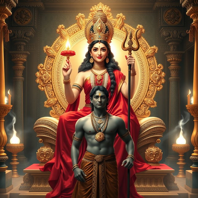 A beautiful divine figure representing a Hindu Devi, with a radiant glow on her milk-like skin, wearing an elegant red saree